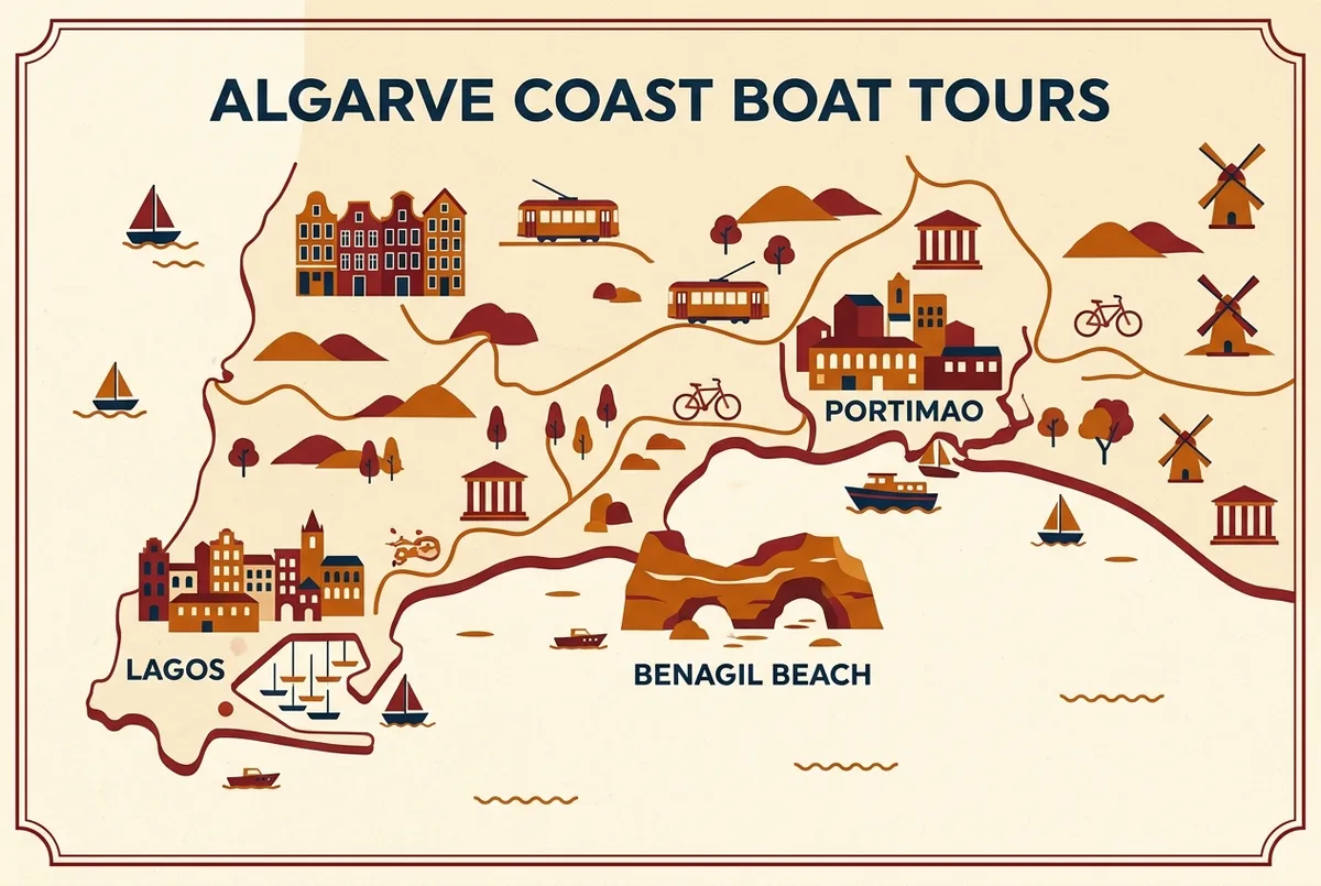 Eenvoudige infografiek toont het verloop van een gemiddelde boottocht naar de Benagil grotten: check-in, vaart langs de kust, aankomst bij de grotingang, vlakke icoonstijl, alleen generieke labels
