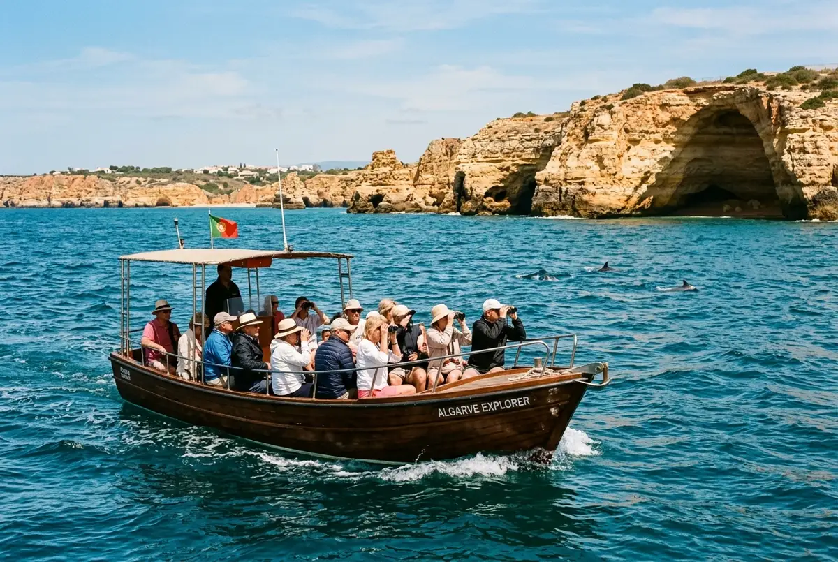 Small tour boat with passengers scanning the open Atlantic for dolphins off the Algarve coast near Portimao, golden cliffs toward Benagil visible in the distance, bright midday light