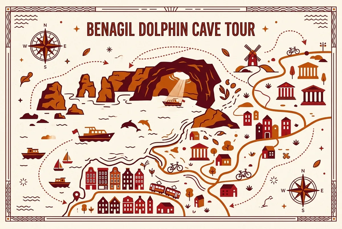 illustrated map of amsterdam highlights for Benagil Caves & Dolphin Watching Tour from Albufeira, benagil cave and dolphin tour