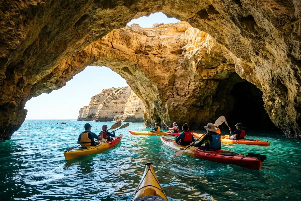 Guided kayak tour group paddling through the golden skylight entrance of Algar de Benagil sea cave, low water-level angle, bright midday Algarve light