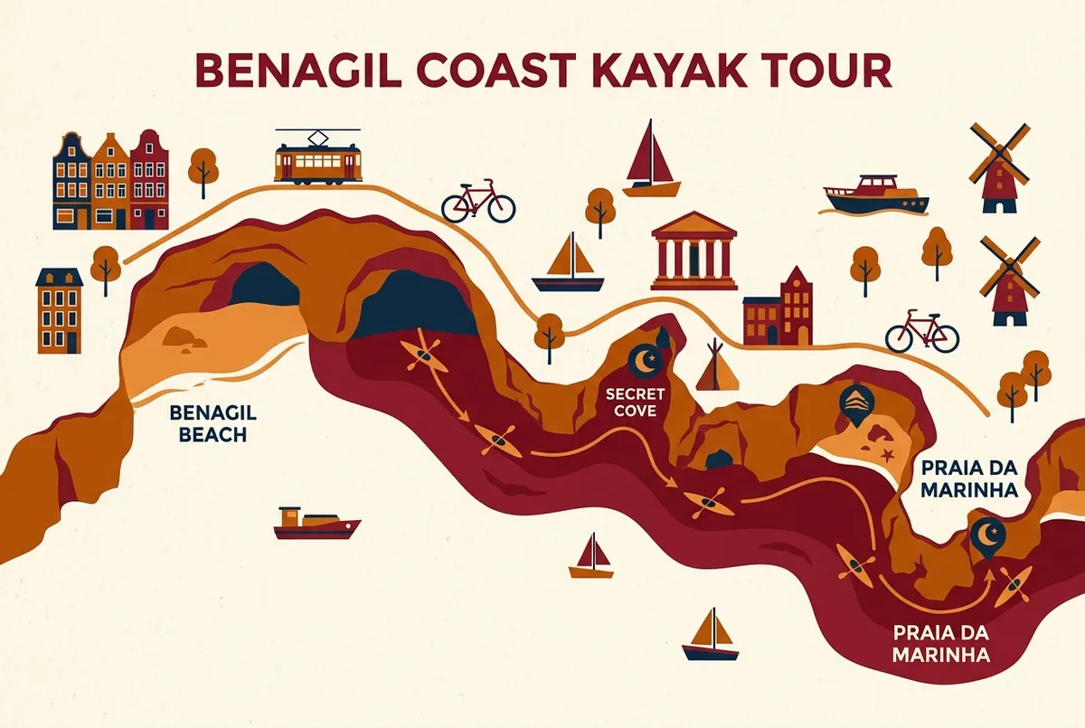 Simple map-style infographic showing the guided kayak route from Benagil Beach through the cave to Praia da Marinha with secret coves marked, flat icon style, generic labels only