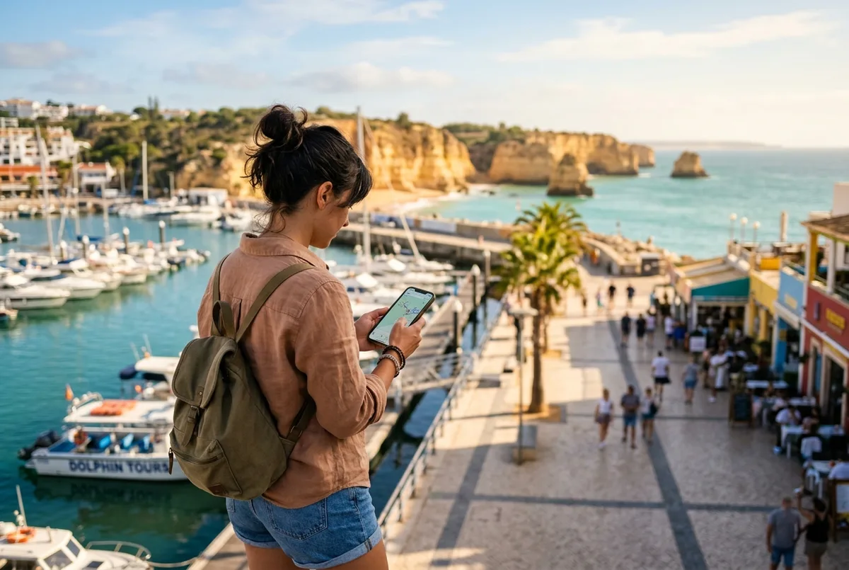 Traveler checking a phone map on an Albufeira marina promenade with the Algarve coastline and cliffs toward Benagil visible in the distance, warm morning light