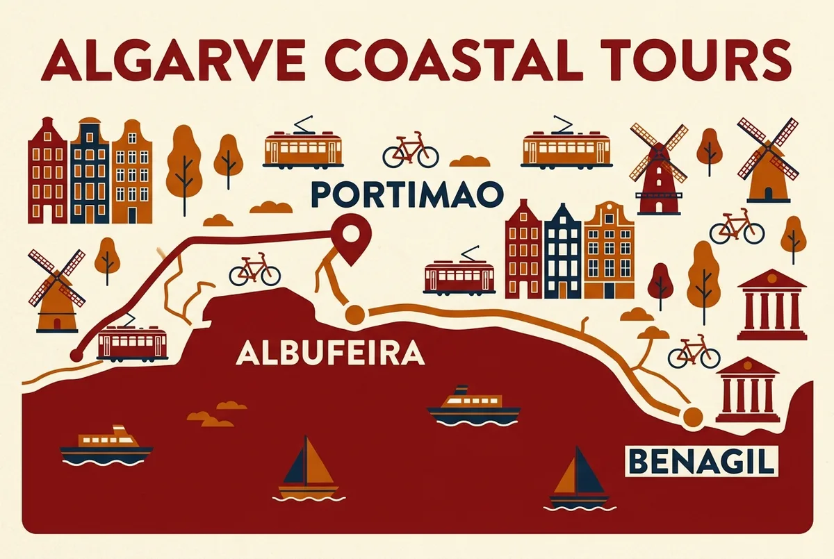 Simple map-style infographic showing the coastal route from Albufeira to Benagil with Portimao marked as the main tour departure point, flat icon style, generic labels only