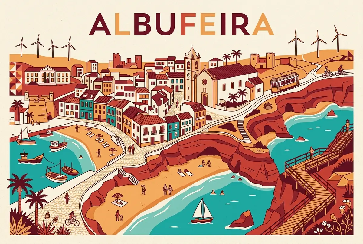 illustrated map of amsterdam highlights for Albufeira: Città Vecchia e Spiagge più Belle, albufeira citta