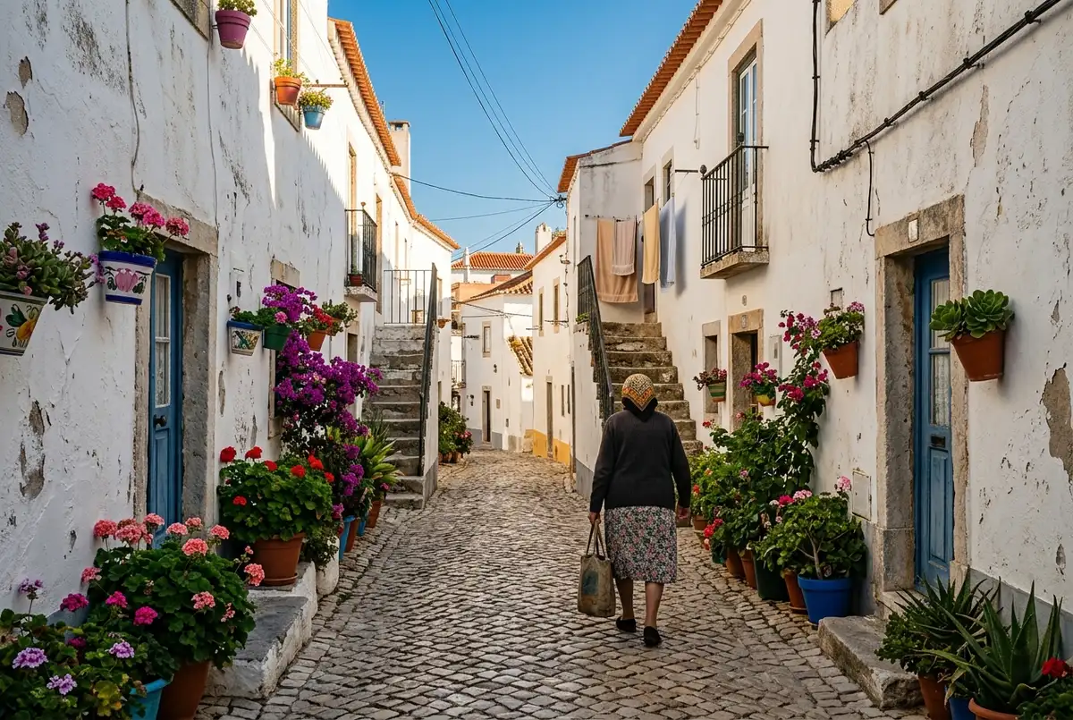Ruelle blanchie à la chaux de la vieille ville d'Albufeira Portugal avec des boutiques colorées et l'océan Atlantique visible en contrebas, lumière chaude de fin d'après midi, que faire à albufeira