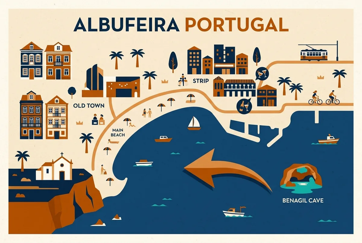 Carte illustrée simple d'Albufeira Portugal montrant la vieille ville, la plage principale, le quartier de la Strip, et une flèche pointant vers l'ouest en direction de la grotte de Benagil, style icônes plates, légendes génériques uniquement