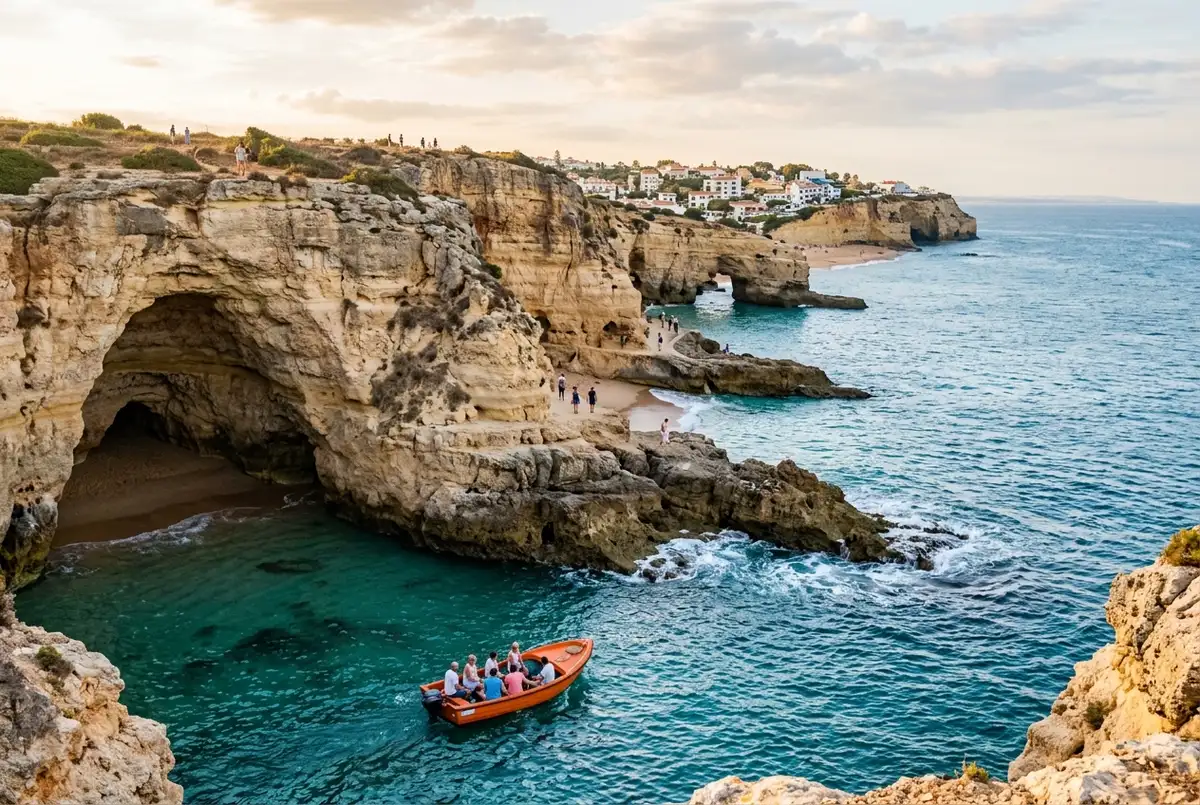 Costa dell'Algarve con scogliere dorate e mare turchese sotto un cielo azzurro terso in tarda primavera, palme sullo sfondo e luce calda di metà mattina