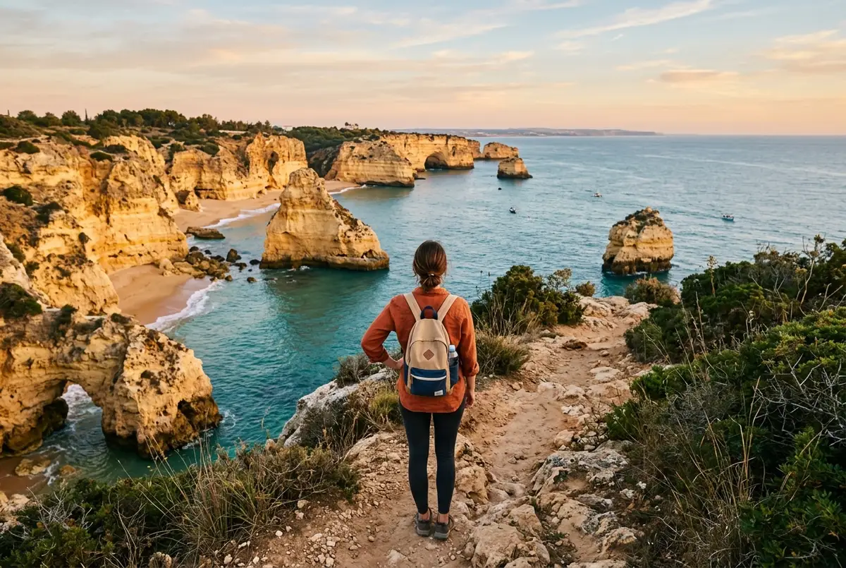 Traveler standing on a clifftop path overlooking Praia da Marinha and the golden limestone cliffs of the Algarve coast in early morning light, algarve day trips scene