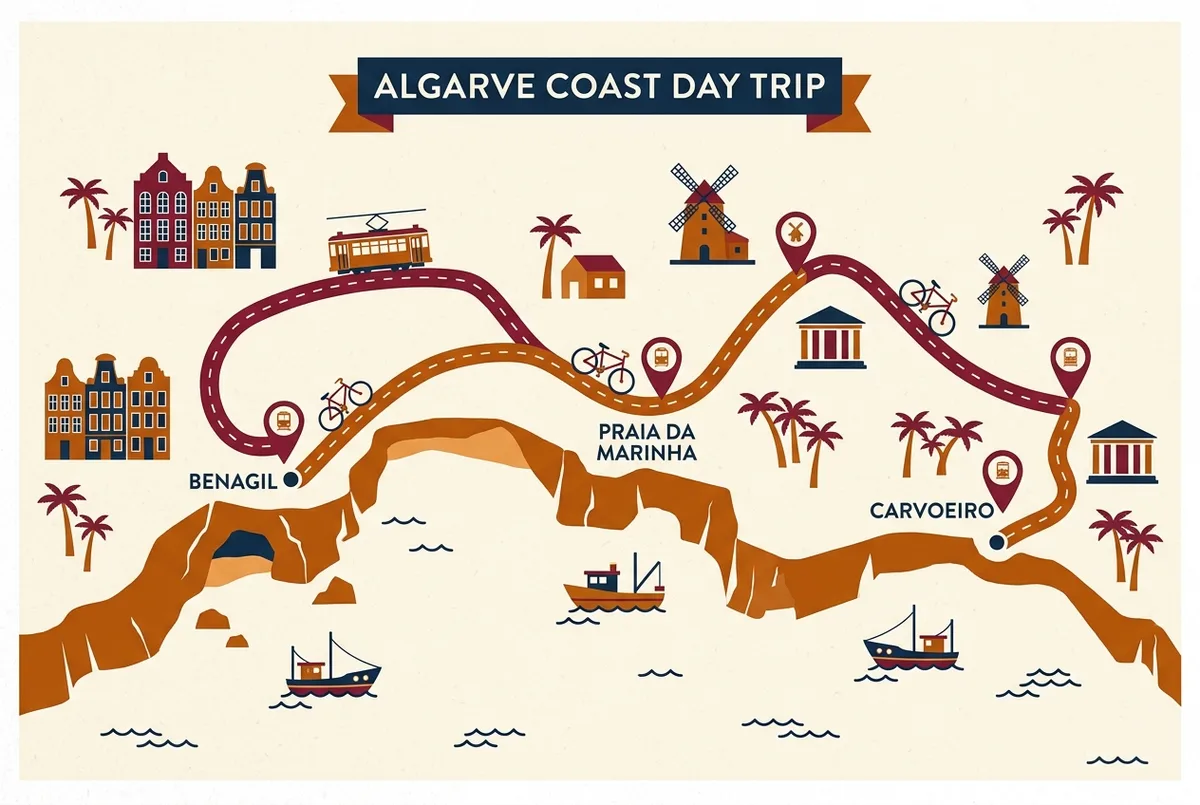 Simple map graphic showing a one-day driving route between Benagil village, Praia da Marinha and Carvoeiro along the Algarve coastline with stop markers, algarve day trips route