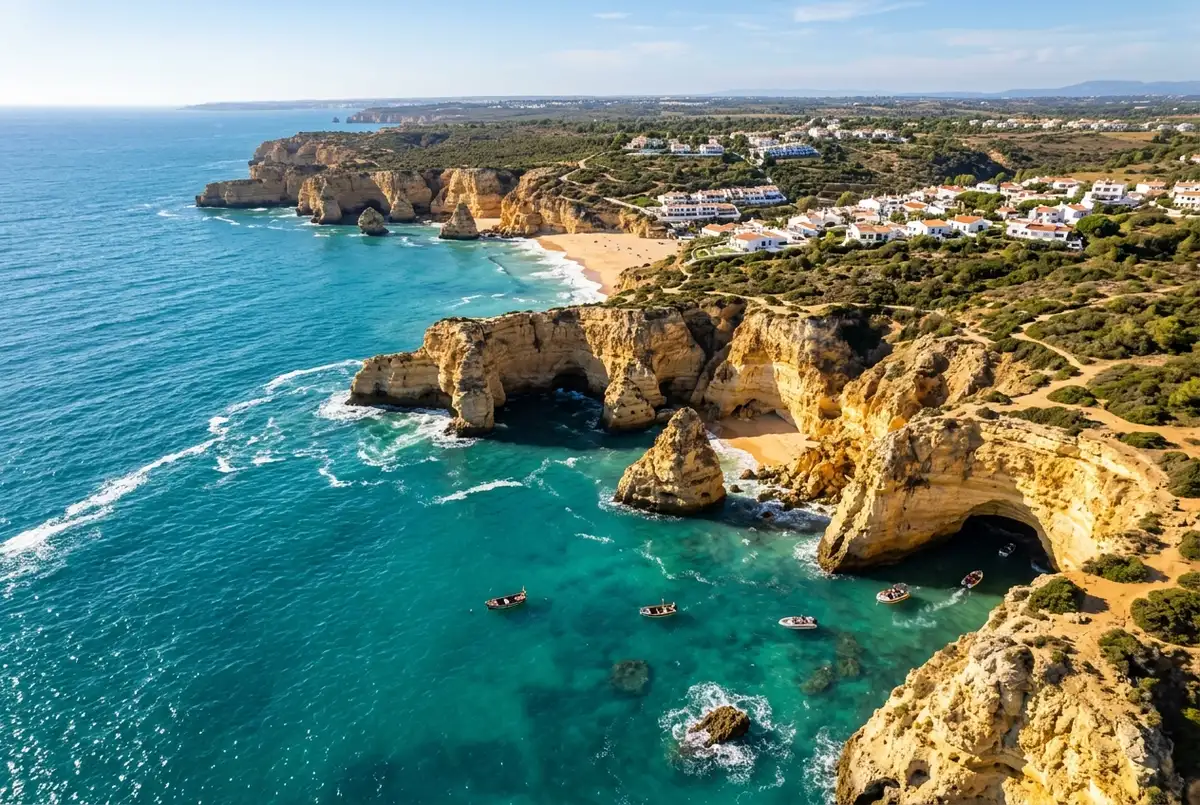 Luftaufnahme der zerklüfteten algarve küste mit goldenen Kalksteinklippen, kleinen versteckten Buchten und türkisfarbenem Atlantikwasser bei klarem Himmel