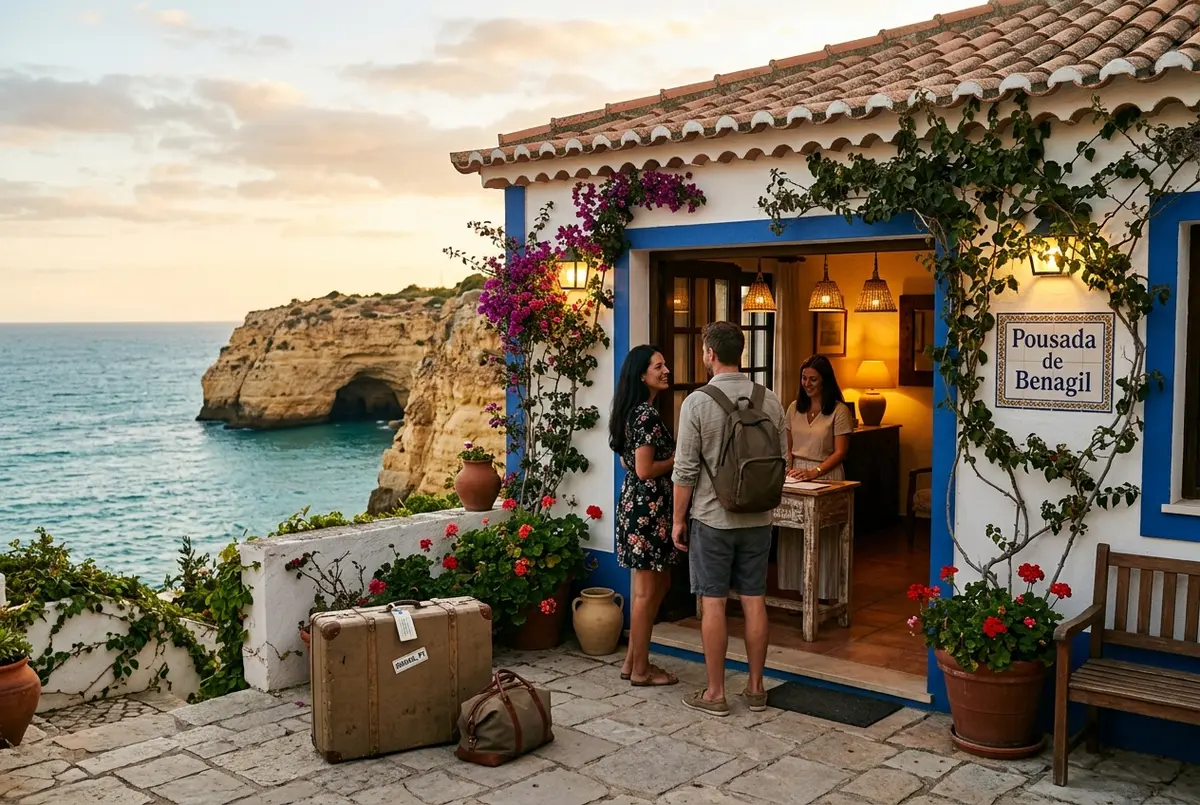 casal a fazer o check in numa pequena pousada de fachada branca típica do algarve ao entardecer, mala de viagem ao lado, vista de falésias e mar ao fundo, ambiente acolhedor