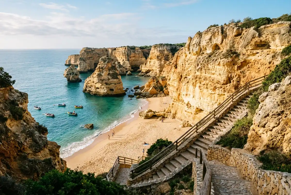 Goldener Sandstrand der algarve schönster strand Kategorie umgeben von hohen Kalksteinklippen, Treppe führt zum türkisfarbenen Wasser hinunter, sanftes Morgenlicht