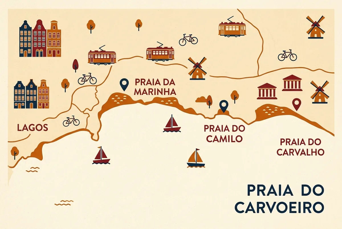 Einfache Flat-Icon-Karte der schönsten Strände zwischen Lagos und Carvoeiro mit markierten Punkten für Praia da Marinha, Praia do Camilo und Praia do Carvalho entlang der Küste, generische Ortsbeschriftungen
