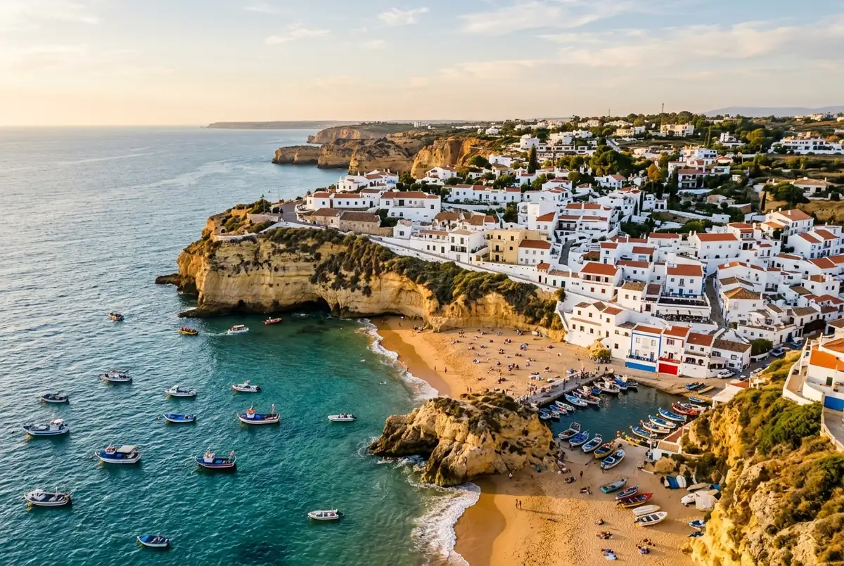 Aerial view of a whitewashed Algarve town on the cliffs above golden sand beaches with fishing boats in a small harbor, warm late afternoon light