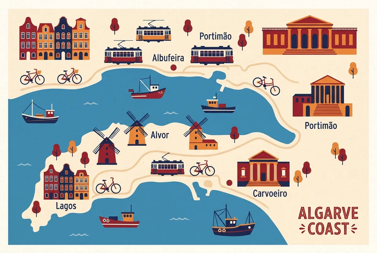 Simple map-style infographic showing Albufeira, Portimao, Alvor, Lagos and Carvoeiro positioned along the Algarve coast around Benagil, flat icon style, generic labels only
