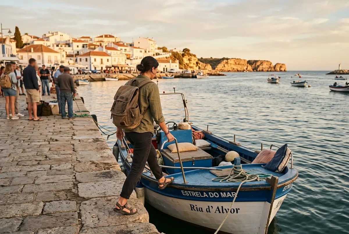 Traveler boarding a small boat at Alvor's fishing harbor at sunrise with the Algarve coastline stretching toward Benagil in the background