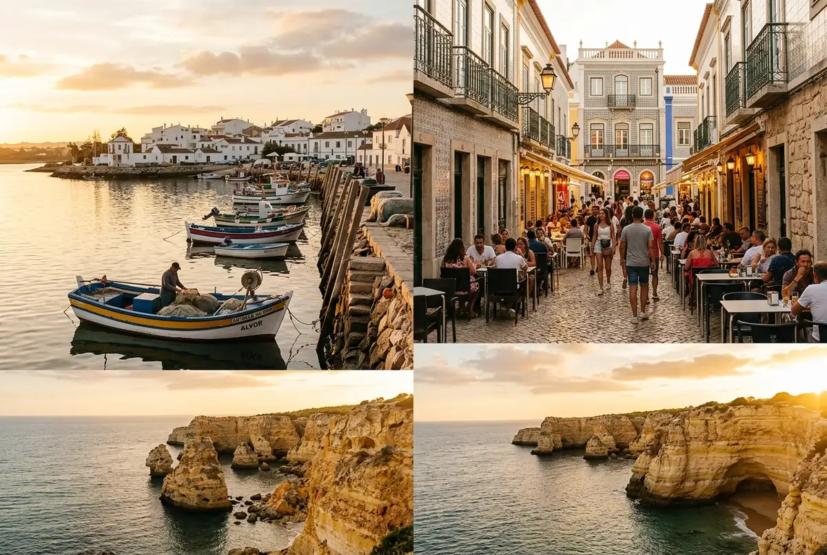 Split scene comparing a quiet Alvor estuary fishing harbor with a lively Lagos old town street at golden hour, Algarve coastline in the background
