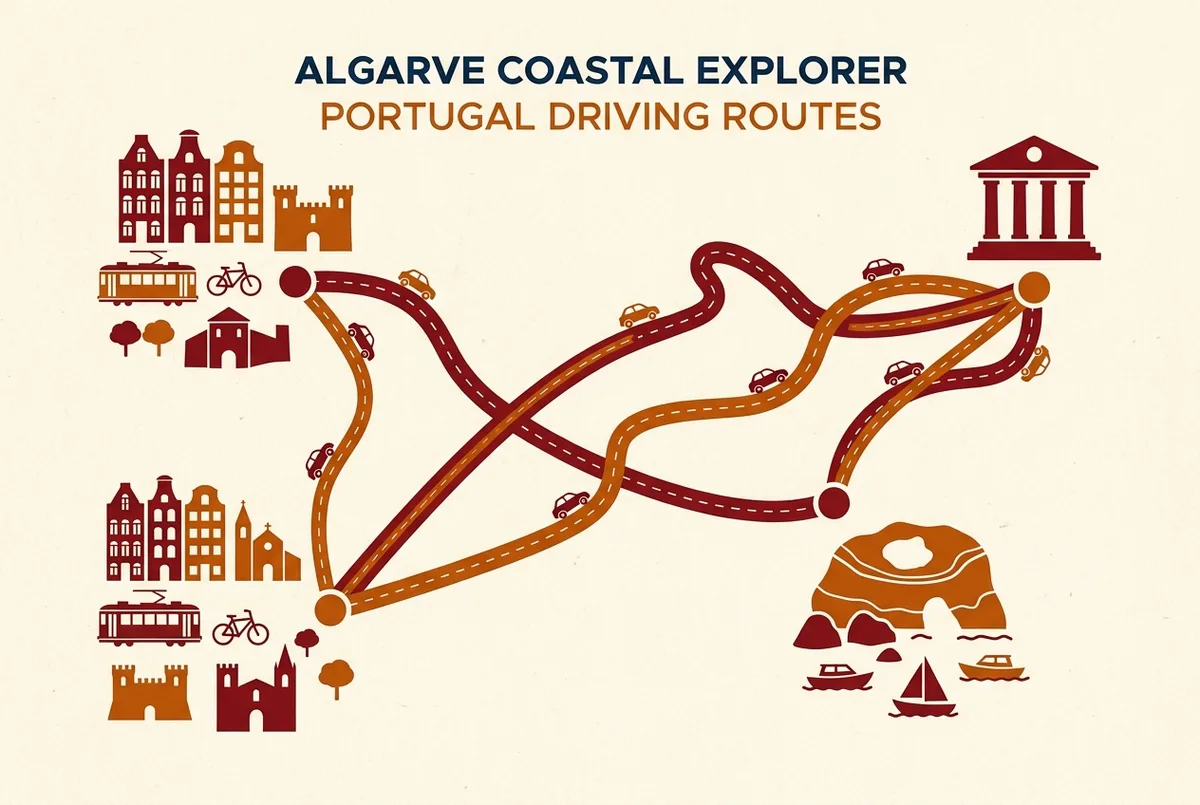 Simple map-style infographic comparing Alvor's and Lagos's driving distance to the Benagil Caves and Portimao, flat icon style, generic labels only