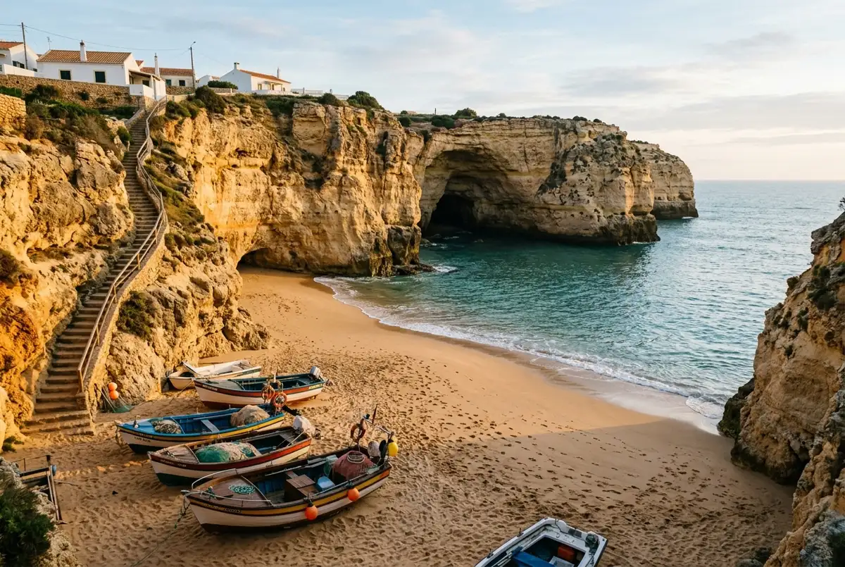 Small golden cove beach at Praia de Benagil with a steep clifftop staircase and fishing boats pulled up on the sand, early morning light before crowds arrive