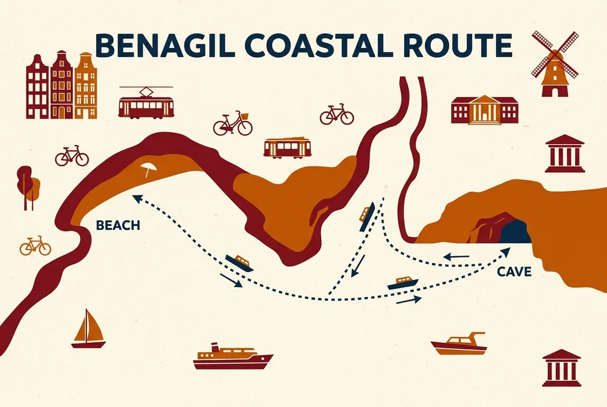 Simple map-style infographic showing the short water route from Praia de Benagil beach around the headland to the Algar de Benagil sea cave, flat icon style, generic labels only