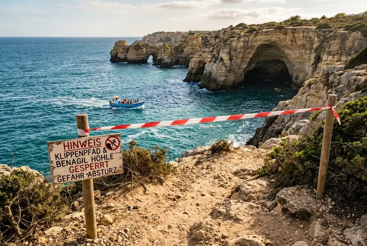 Absperrband und ein kleines Hinweisschild an einem Klippenpfad oberhalb der Algar de Benagil, im Hintergrund ein Boot, das trotzdem auf dem Wasser zur Höhle unterwegs ist, benagil höhle gesperrt Symbolbild