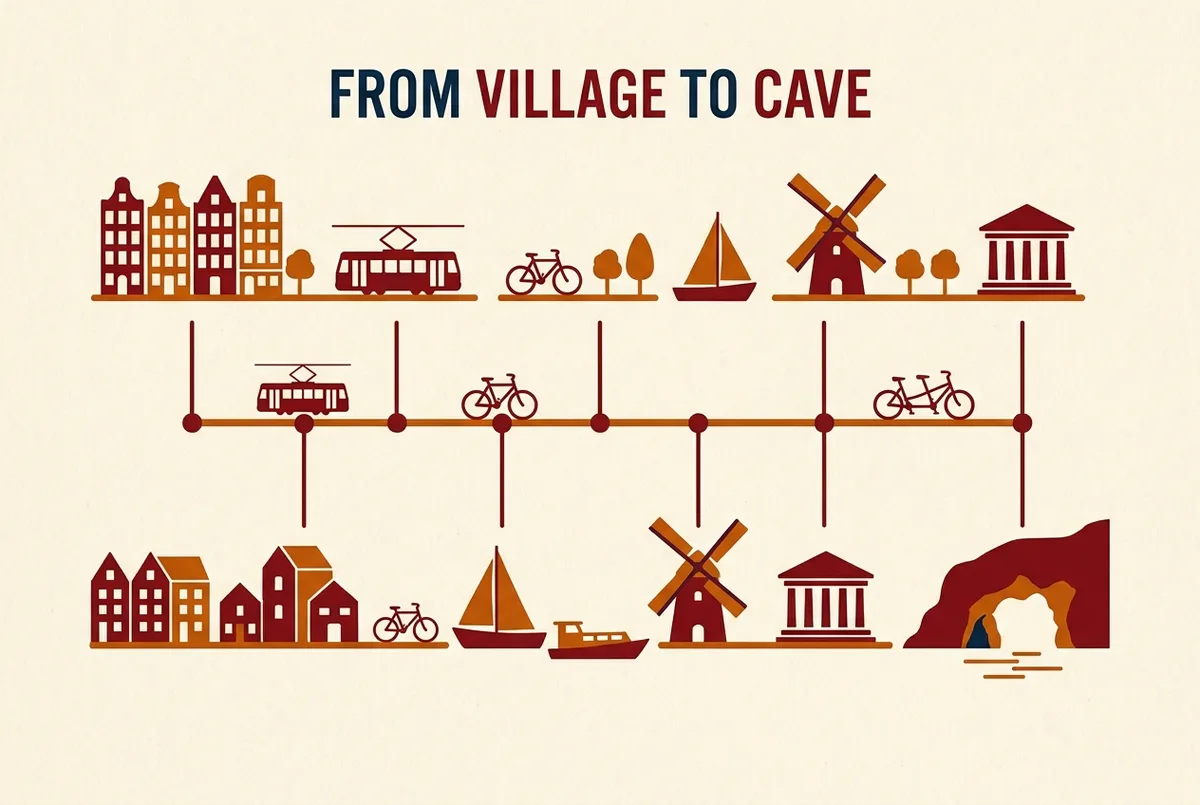 Simple flat-icon timeline infographic showing a small fishing village transforming into a widely photographed sea cave landmark, generic labels only, no dates or statistics