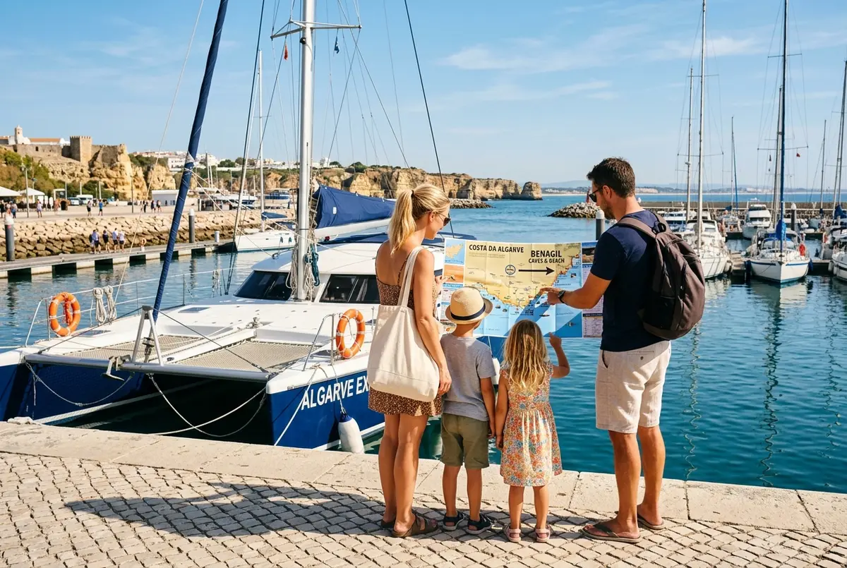 Reisende Familie steht an der Marina von Lagos vor einem Katamaran und schaut auf eine Karte der Algarve-Küste Richtung Benagil, klares Vormittagslicht, von lagos nach benagil Symbolbild