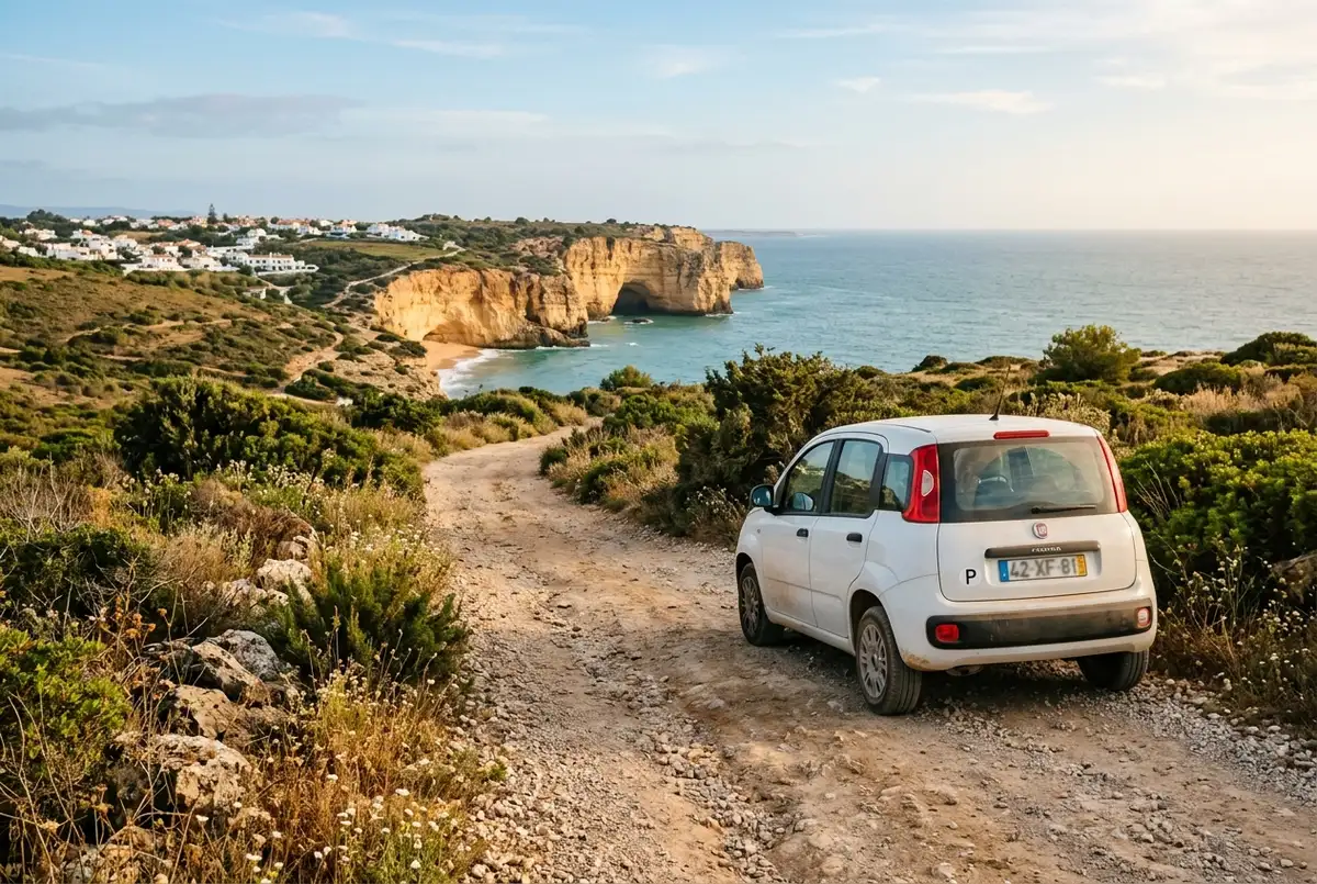 Auto a noleggio parcheggiata su una strada di campagna dell'algarve con cartello stradale generico per benagil, ulivi e scogliera bianca sullo sfondo, luce calda di metà mattina
