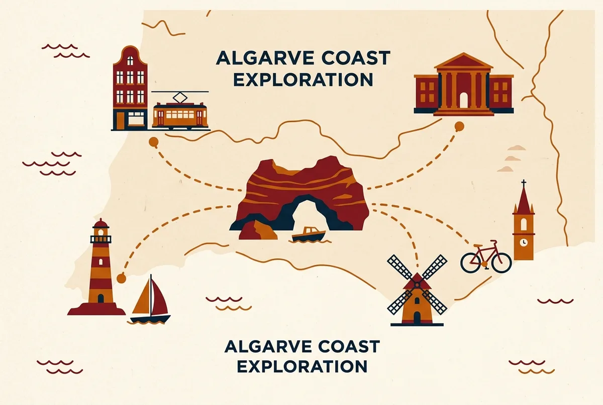 Mappa stilizzata dell'algarve con cinque icone generiche di punti di partenza etichettate lagos, carvoeiro, portimao, faro e albufeira collegate da linee tratteggiate a un'icona centrale a forma di arco roccioso che rappresenta benagil, senza prezzi o distanze numeriche