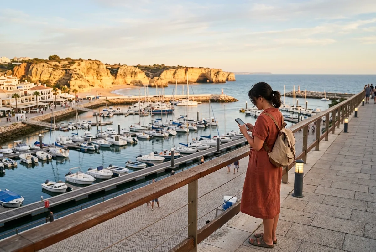 Traveler standing on the Portimao marina promenade at golden hour checking a phone map with the Algarve coastline toward Benagil visible in the distance, small boats moored nearby