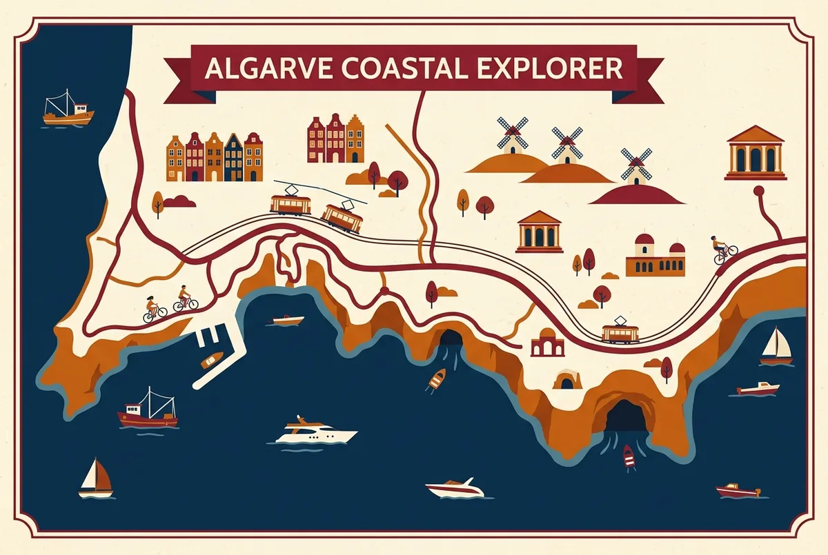 Simple map-style infographic showing the coastal route from Portimao and Vilamoura marina to the Benagil caves, flat icon style, generic labels only, no statistics