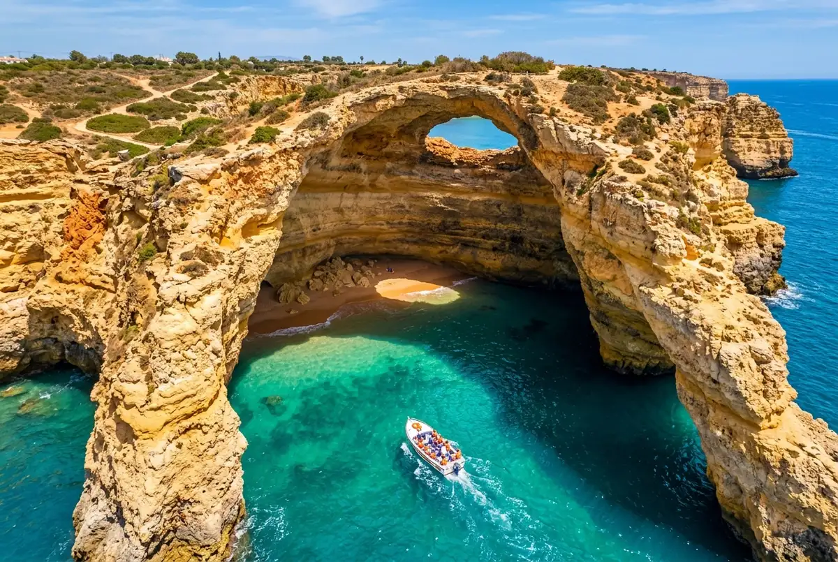 Wide aerial view of the caves of Benagil Portugal, golden limestone sea cave with a circular skylight opening onto turquoise water, small boat entering, bright midday Algarve light