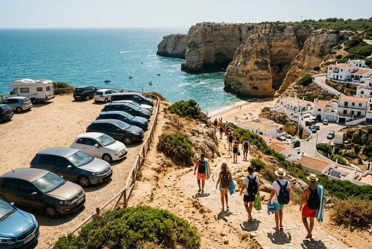 Cars parked in a gravel car park above Benagil village with the Algarve cliffs and ocean in the background, midday sun, travelers walking down the path toward the beach