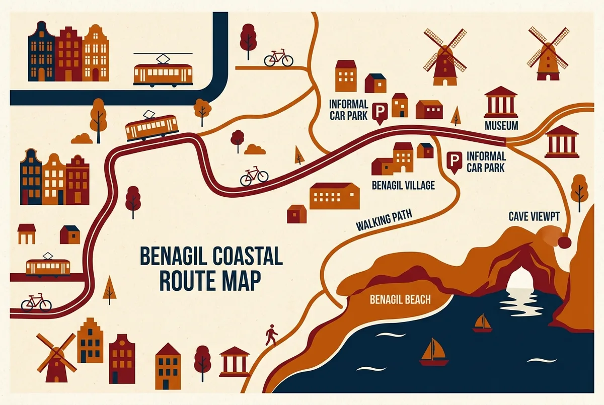 Simple infographic map showing the driving route into Benagil village, the two informal car park locations, and the walking path down to Benagil Beach and the cave viewpoint