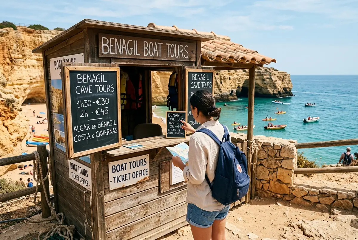 mano sosteniendo unas monedas de euro frente a la boca dorada del algar de benagil vista desde una pequena lancha, luz brillante de mediodia en el algarve, cueva de benagil precio