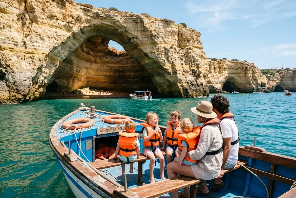 familia con ninos pequenos con chaleco salvavidas sonriendo a bordo de un catamaran acercandose al algar de benagil, luz calida de mediodia, excursion a las cuevas de benagil con ninos