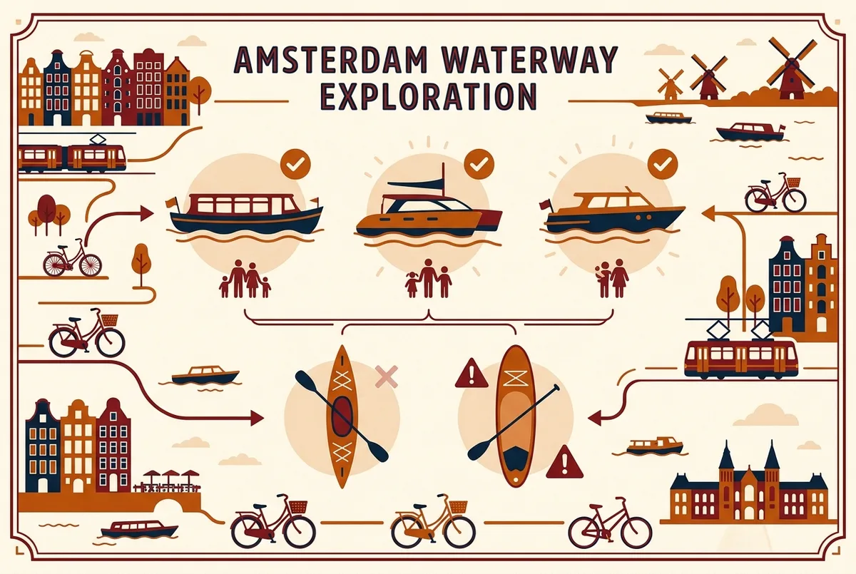 infografia sencilla comparando un catamaran familiar y un kayak guiado lado a lado frente al algar de benagil, iconos planos de chaleco salvavidas y edad recomendada como etiquetas genericas, sin cifras
