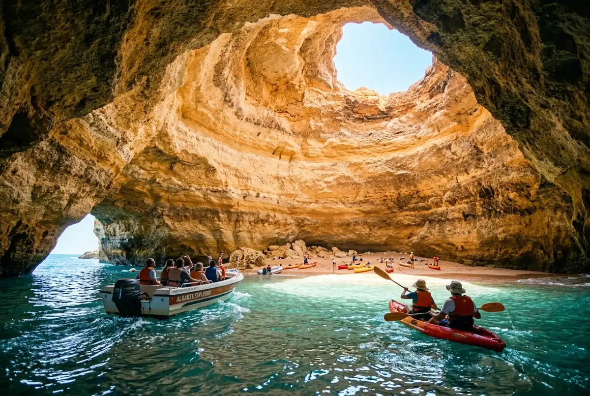 Split scene of a small speedboat and a guided kayak both approaching the golden skylight of Algar de Benagil sea cave from different angles, bright midday Algarve light