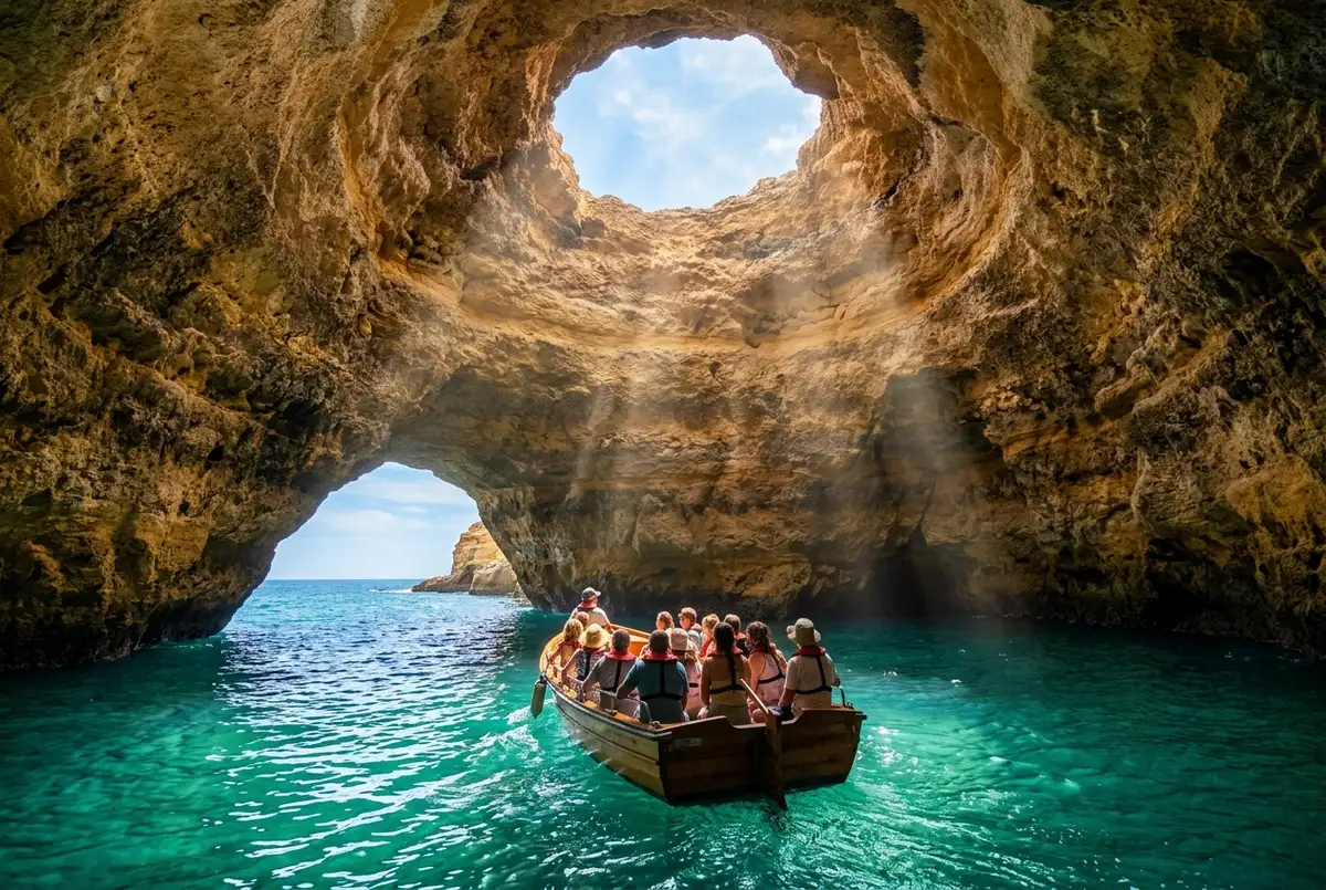 Boat gliding through the tall arched interior of the Cathedral Cave near Benagil, one of the sea caves of Benagil, dramatic light shafts through rock openings, turquoise Atlantic water