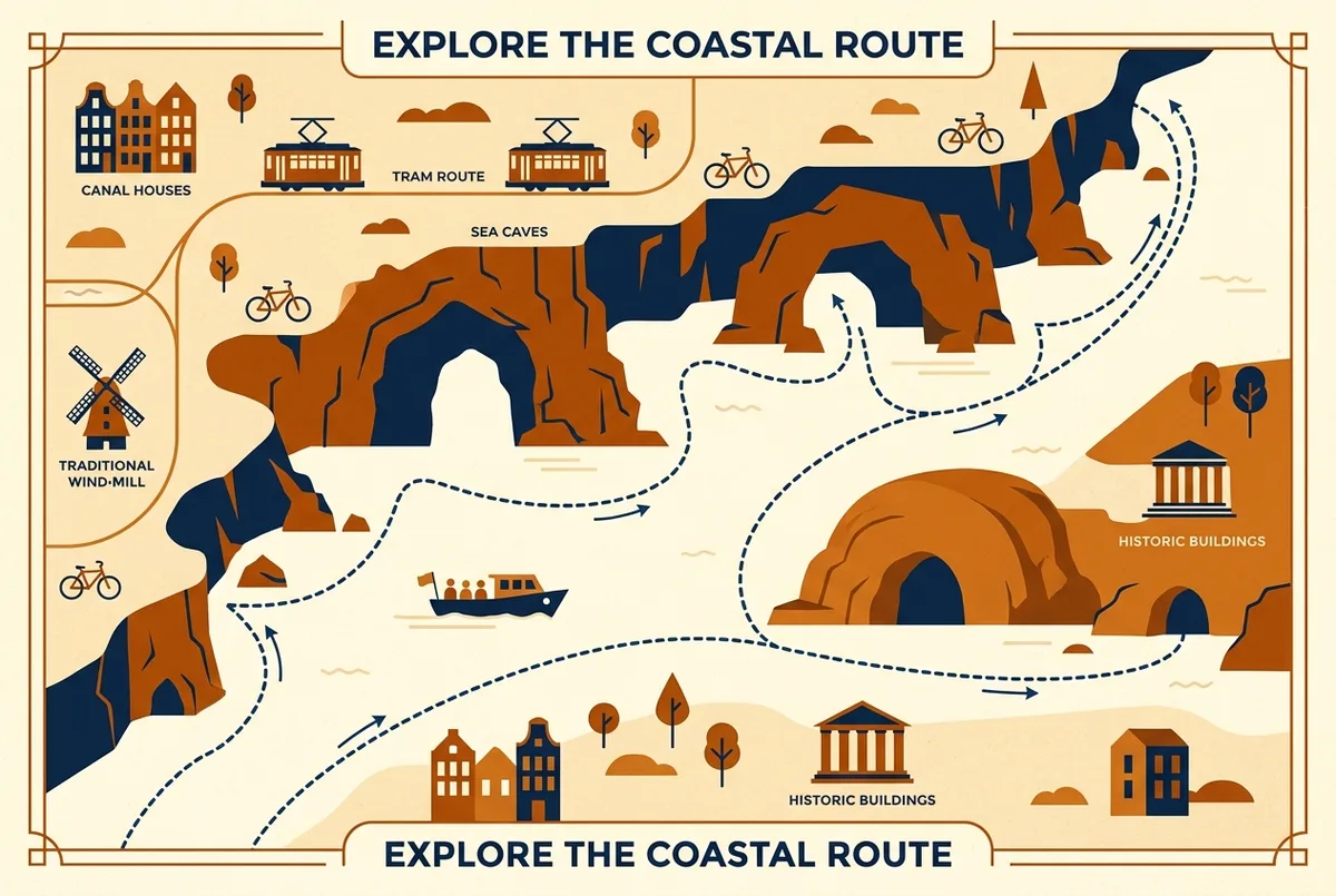 Map-style illustration showing the boat route past Algar de Benagil, the Cathedral Cave and smaller grottoes along the Lagoa coastline, flat icon style, generic labels only