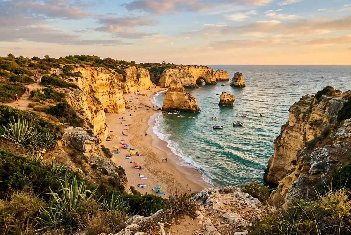 Weiter Blick bei goldenem Licht auf die dramatischen Kalksteinklippen und das türkise Wasser der Praia da Marinha, algarve bester strand nahe der Benagil-Höhle, Menschen gehen eine Holztreppe zum Strand hinunter