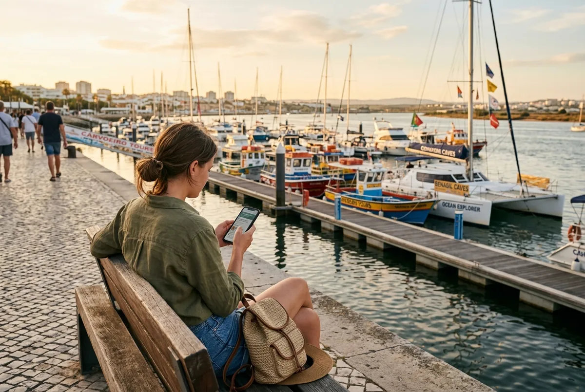 Traveler reading tour operator reviews on a phone at a marina in Portimao with tour boats docked in the background, warm late afternoon light