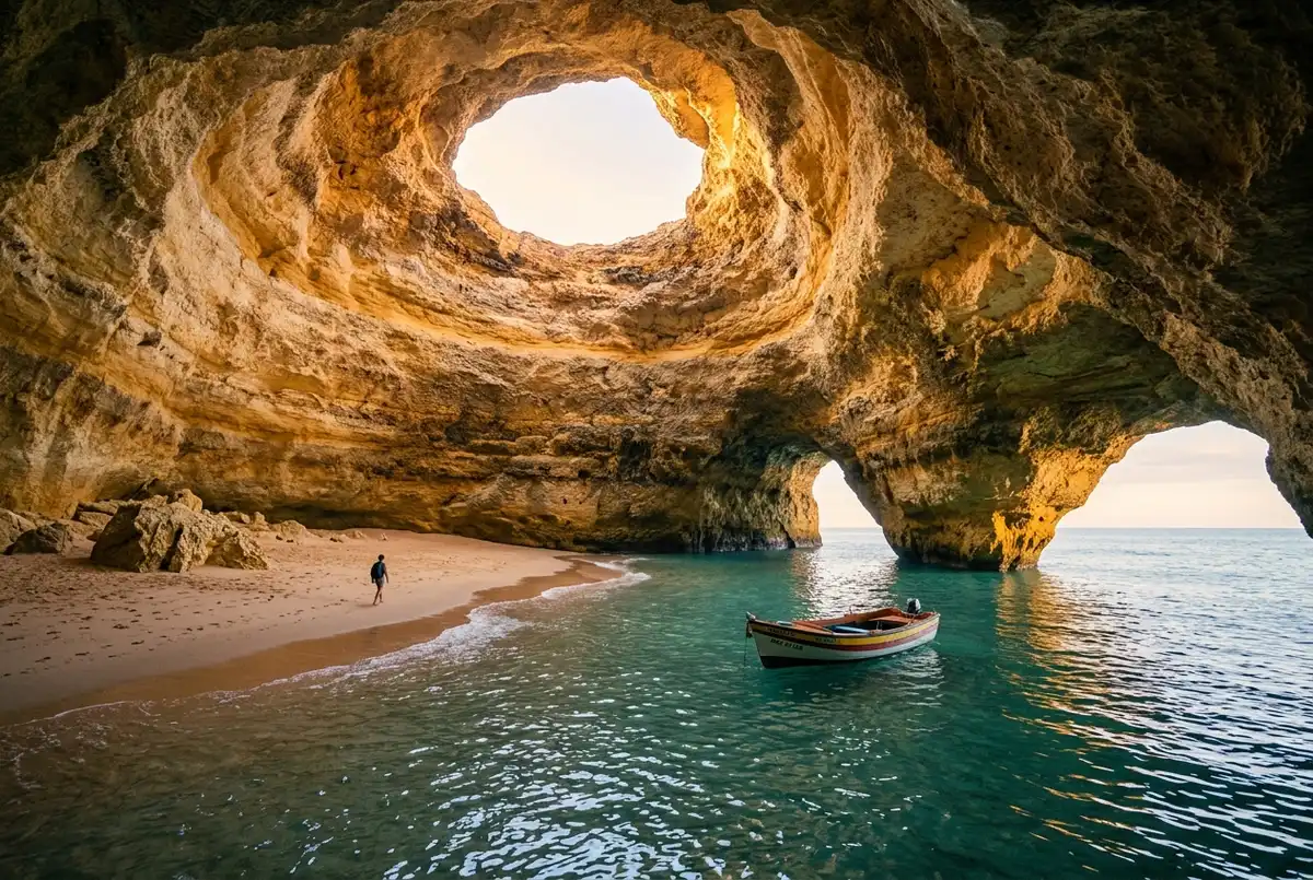 Calm early-morning shoulder-season scene at Algar de Benagil with soft golden light through the skylight, one boat and near-empty water, illustrating the best time to visit benagil caves
