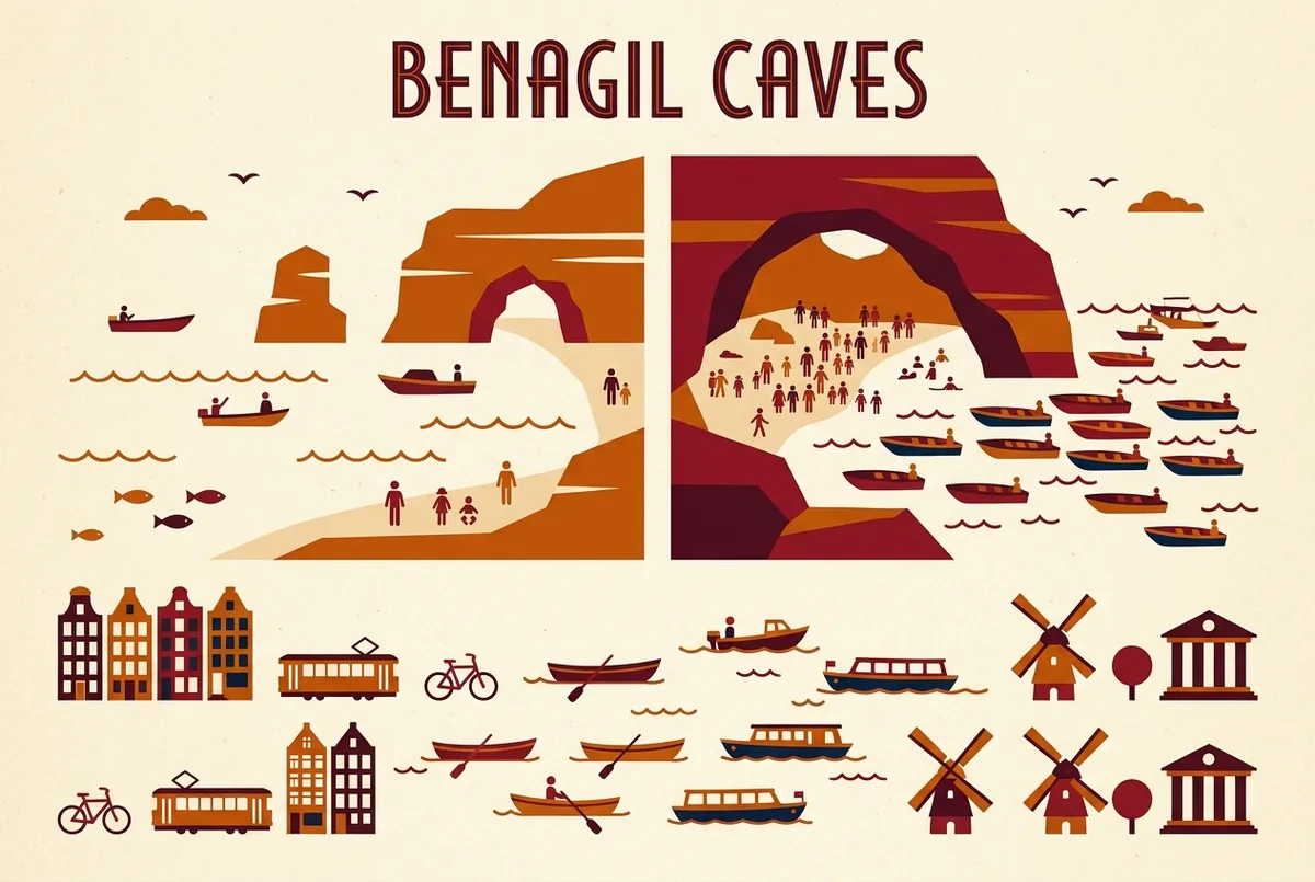 Simple monthly climate-style infographic showing calmer shoulder-season conditions versus busier peak-summer crowds at the Benagil caves, flat icon style, generic labels only, no statistics