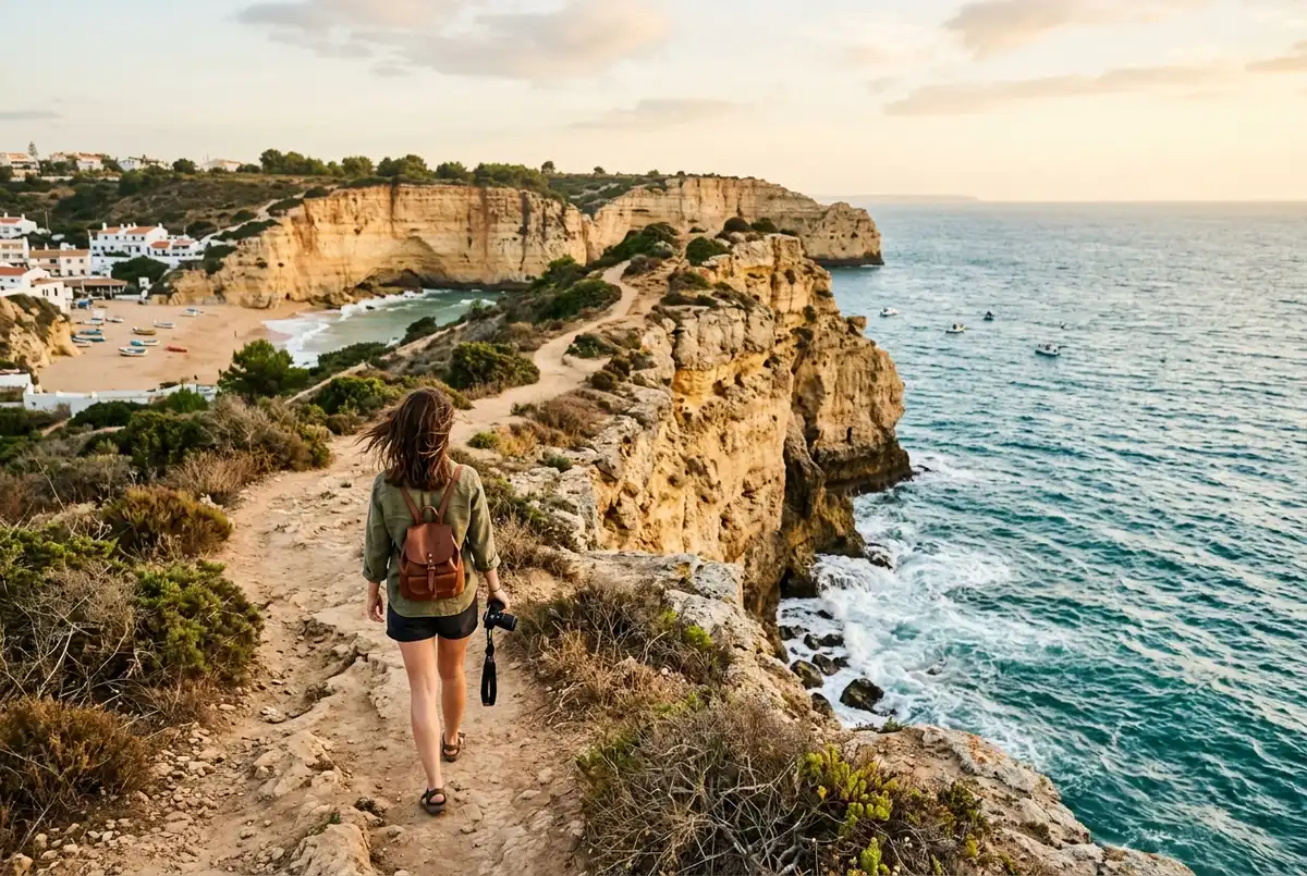 Traveler walking along Carvoeiro's clifftop boardwalk at golden hour with fishing boats in the cove and the Algarve coastline stretching toward Benagil in the distance