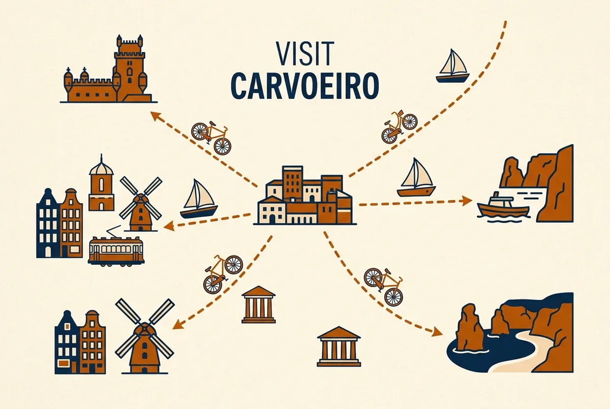 Simple map-style infographic showing Carvoeiro with day trip routes fanning out to the Benagil Caves, Praia da Marinha, Silves and Lagos, flat icon style, generic labels only
