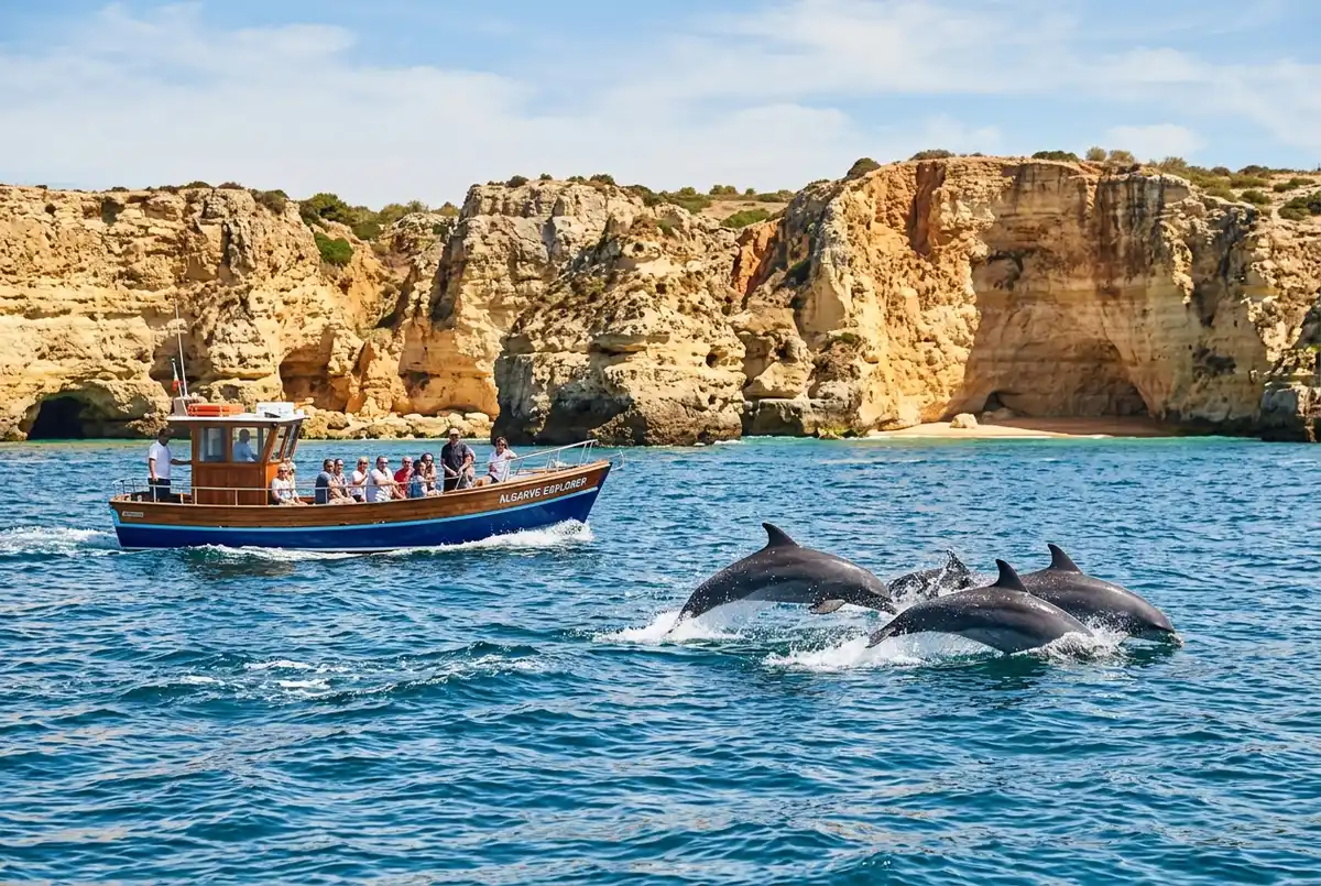 Bottlenose dolphins surfacing near a small tour boat off the Algarve coast with the golden cliffs toward Benagil visible in the background, bright midday light