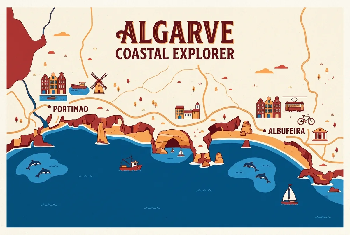 Simple infographic showing a map of the Algarve coastline between Portimao and Albufeira with generic icons marking common dolphin feeding areas and the Benagil cave location, flat style, no statistics or numbers