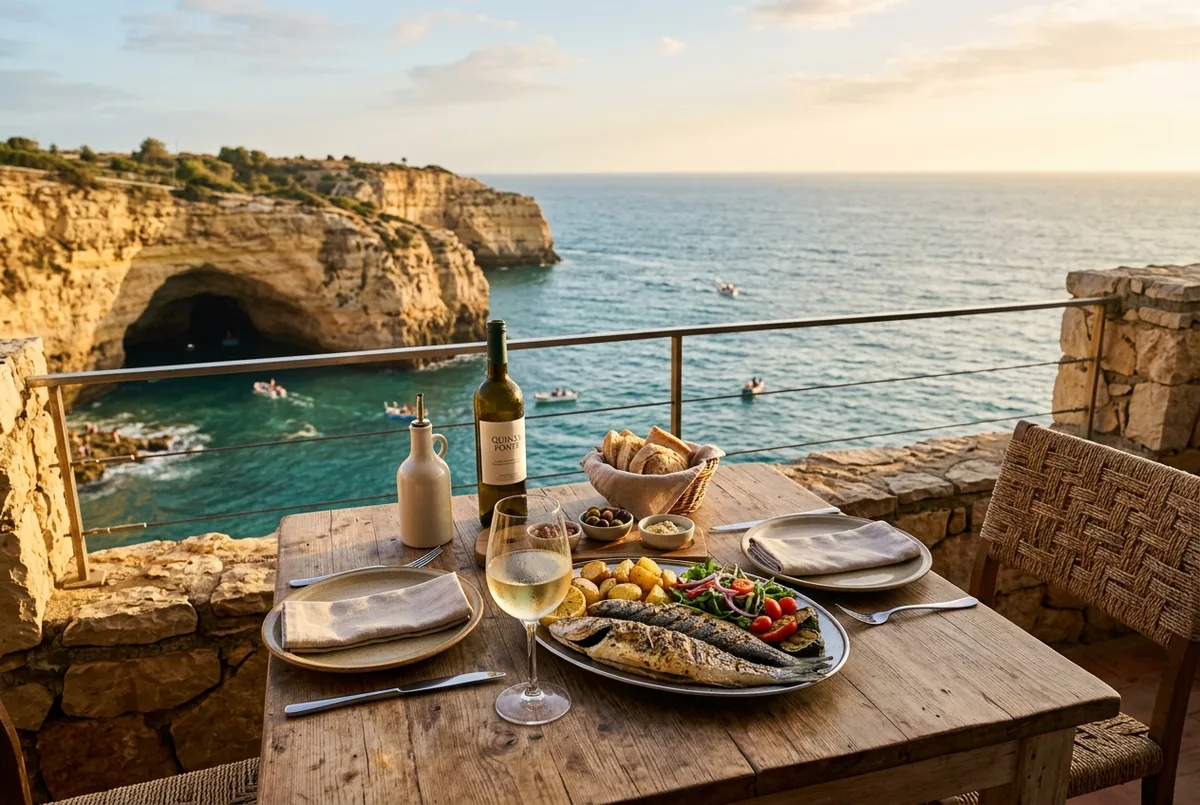 Tavolo apparecchiato con pesce alla griglia e vino bianco su una terrazza con vista sulla scogliera vicino alla grotta di benagil, luce calda del tardo pomeriggio