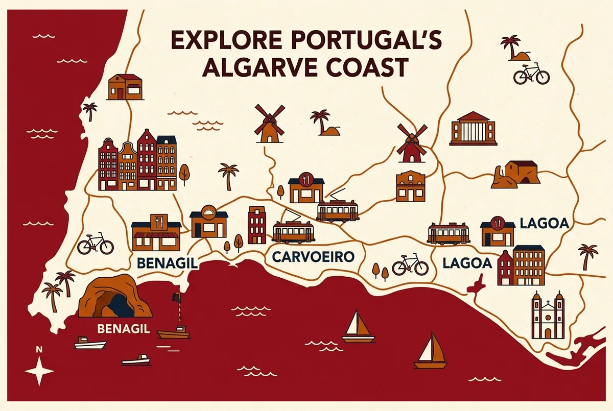 Mappa illustrata della zona attorno alla grotta di benagil con icone che indicano ristoranti e alloggi a Benagil, Carvoeiro e Lagoa, stile infografica pulita con etichette generiche